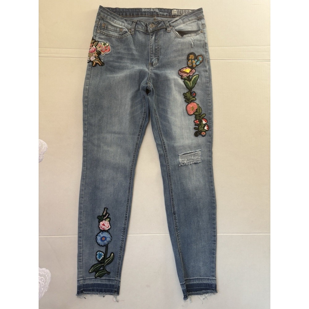 Rocks & Indigo Embroidered Floral Logo Jeans, Size 12/30 Skinny Leg